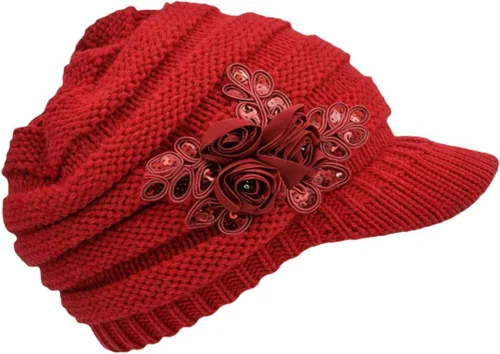 Vista 8 de C-US Gorro de invierno para mujer de punto con ala tejida y visera con detalle de flor Negro