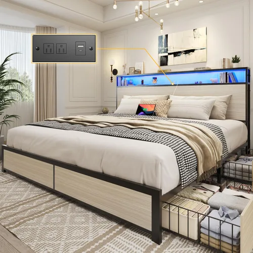 Vista 16 de Lifezone Base de cama Queen con cabecera de almacenamiento de 2 niveles, base de cama de plataforma de metal con 4 cajones de almacenamiento, gris