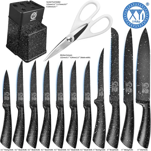 Vista 9 de XYJ juego de bloque con cuchillos de cocina, de acero inoxidable, con soporte, juego de cuchillos de chef profesional japonés, cuchillos para carne