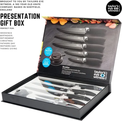 Vista 4 de Taylors Eye Witness Juego de 5 cuchillos de cocina de regalo – Brooklyn Chrome Coloured Bolsters, navaja a juego con cuchillas negras azabache