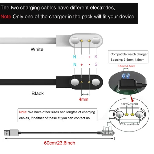 Vista 2 de Compatible con cargador de reloj inteligente ROHS, 2 pines/2 unidades [modelo A + modelo B, un ajuste] Cable de carga USB magnético de 0.157