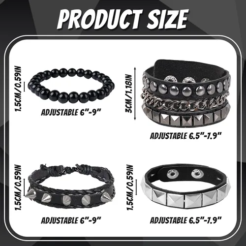 Vista 2 de HOVEOX 4 pulseras punk rock tachonadas pulsera gótica de cuero para hombres y mujeres, joyería gótica, accesorios punk, joyería emo para hombres