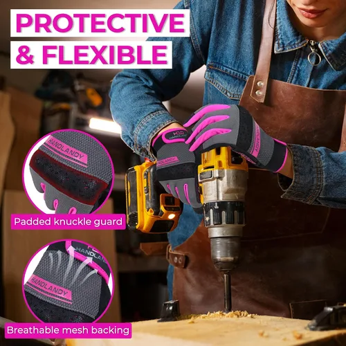 Vista 3 de HANDLANDY Guantes de trabajo para mujer, guantes de jardinería de cuero transpirable para mantenimiento de patio, protección de manos con pantalla