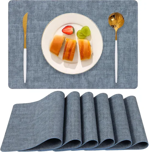 Vista 16 de Juego de 6 manteles individuales de piel sintética (beige) Heat Resistant Wipeable Washable Place Mats, Waterproof Anti-Slip Dining Table Mats