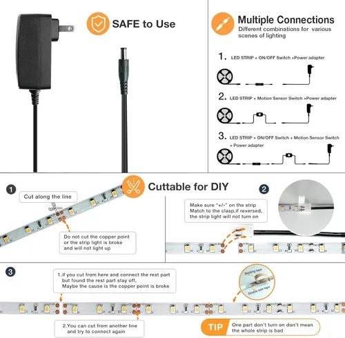 Vista 5 de Kit de iluminación LED con sensor de movimiento regulable Sensky para debajo del gabinete, tira de luz LED con sensor de movimiento, adaptador