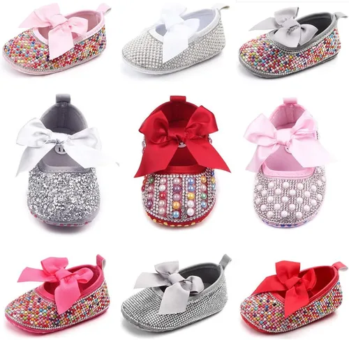 Vista 6 de Zapatos planos Mary Jane para bebés y niñas, con lazo brillante y diamantes de princesa, zapatos antideslizantes para cuna