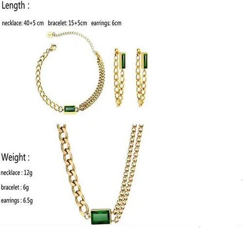 Vista 2 de tenghong2021 Retro verde pequeño cuadrado circón collar pulsera pendientes conjunto femenino aleación tendencia a juego joyería dama niña boda