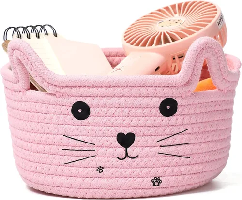 Vista 17 de Zopeal Cesta de almacenamiento tejida para gatos, organizador tejido con orejas, juguete decorativo de Navidad para mascotas, bonita canasta