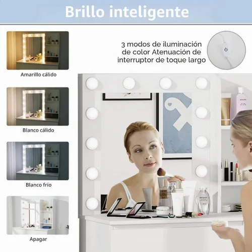 Vista 3 de Vabches Tocador de maquillaje con luces, escritorio de tocador de 37 pulgadas, cómoda de 4 cajones grandes con espejo iluminado, 3 modos de Blanco