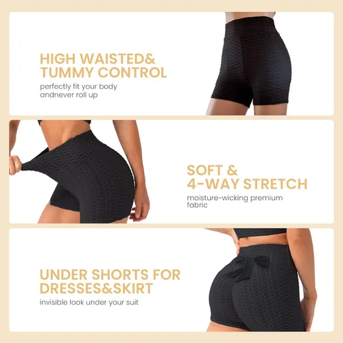 Vista 2 de Pantalones cortos de yoga para mujer, cintura alta, brasileños, texturizados, fruncidos, anticelulíticos, pantalones cortos para levantar los glúteos