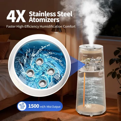 Vista 4 de Humidifier Large Room - GloryAir 6.3Gal/24L 4X Atomizers Top Fill Whose House Large Cool Mist Quite Humidifiers 1500mL/h for Home Bedroom 3000 ft²