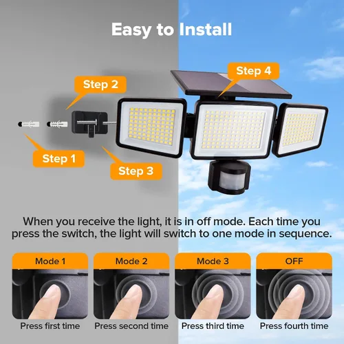 Vista 6 de UME Luces solares para exteriores, 302 LED, 3000 lúmenes, IP65, impermeable, sensor de movimiento, luces de inundación de 3 cabezales, 270 ángulo