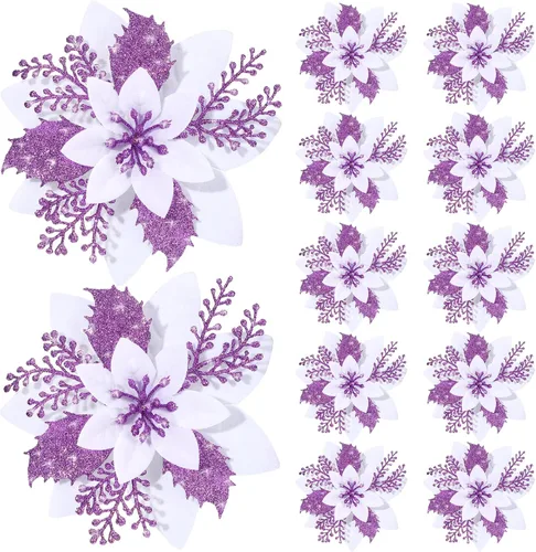 Vista 11 de Canlierr 12 piezas flores de Pascua de Navidad de 5.7 pulgadas con purpurina, flores artificiales con clips, adorno de árbol de Navidad para corona