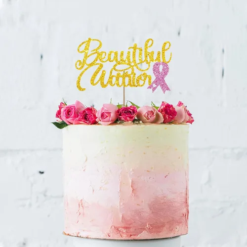 Vista 5 de Hermoso adorno para tartas de guerrero, decoración de pastel de conciencia sobre el cáncer de mama, letrero de cinta rosa para cáncer de mama