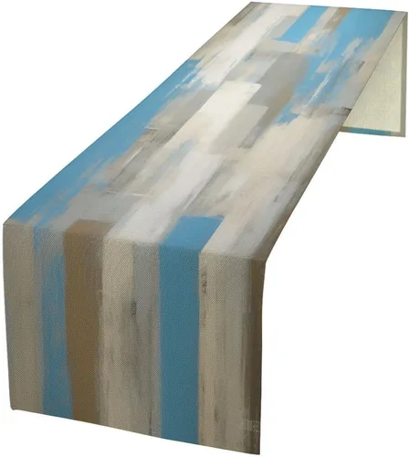 Vista 32 de Camino de mesa abstracto azul y gris, arte moderno, vintage, de arpillera oscura, camino de cena para granja, cabaña, café, cocina, comedor, fiesta