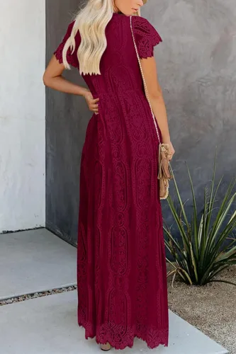 Vista 4 de PRETTYGARDEN - Vestido largo de encaje floral para mujer, manga corta, cuello en V, vestidos de fiesta para boda y para la noche