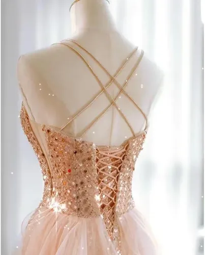 Vista 5 de Changuan Vestidos de fiesta de sirena con lentejuelas para mujer, largos con abertura, tirantes delgados, vestido formal con cola de tul