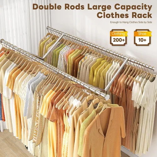 Vista 4 de Raybee Perchero de ropa resistente con carga de 500 libras, perchero con ruedas, doble barra para colgar ropa, perchero comercial portátil