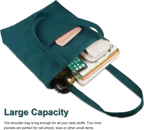 Vista 4 de Kememo Bolsa de pana con cremallera, bolso de hombro para mujer, bolso de compras de gran capacidad con bolsillo