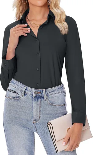 Vista 15 de siliteelon Camisas con botones para mujer, ajustadas, de manga larga, elásticas, de vestir, camisas de trabajo, sin arrugas, blusas de oficina