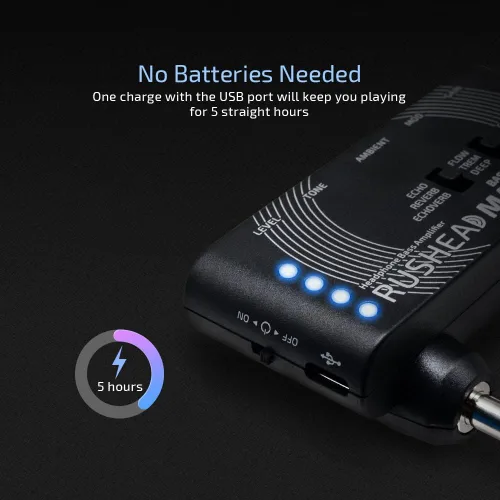 Vista 5 de Valeton Rushead Max - Amplificador de bolsillo portátil para bajo, cargador USB, multiefectos