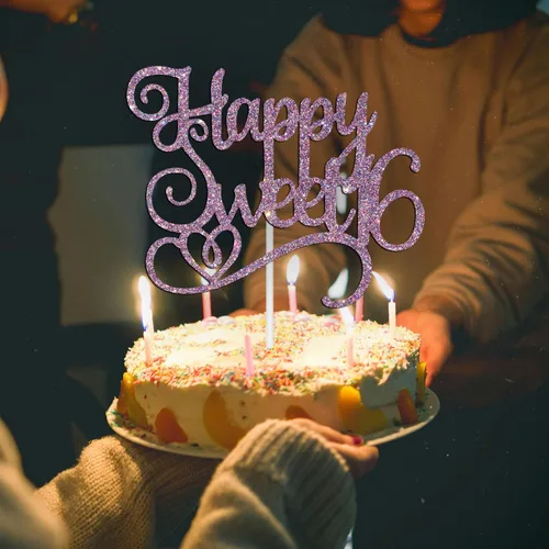 Vista 4 de Happy Sweet 16 - Decoración para tartas de cumpleaños de 16 años, decoraciones de feliz cumpleaños de 16 años para niñas y niños, purpurina morada