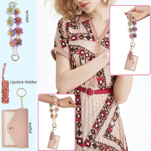 Vista 7 de BIHRTC Llavero de pulsera boho con soporte para lápiz labial, pulsera hecha a mano