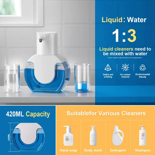 Vista 4 de Dispensador automático de jabón, sensor manos libres, 4 niveles de espuma ajustables, recargable y montaje en pared (15 oz/420 ml) para baño y cocina