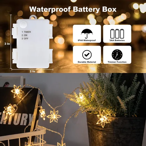 Vista 5 de Vigdur Paquete de 2 luces de copo de nieve de Navidad - 20 luces LED de copo de nieve en cadena que funcionan con pilas con temporizador, luces