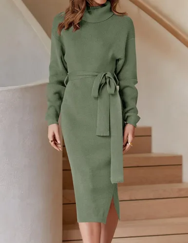 Vista 32 de ZESICA - Vestido por debajo de la rodilla de suéter, de cuello alto, para mujer, de manga larga, de punto acanalado, con abertura y cinturón