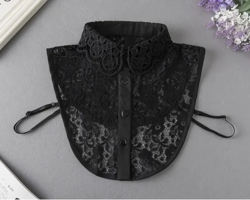 Vista 2 de Blusa desmontable con cuello de encaje para mujer, con cuello falso, para decorar el collar falso Negro