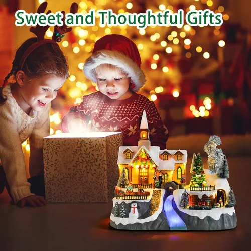 Vista 7 de DREAM GARDEN Casa de pueblo de Navidad, iglesia iluminada con tren en movimiento y árbol de Navidad, funciona con pilas, edificios musicales