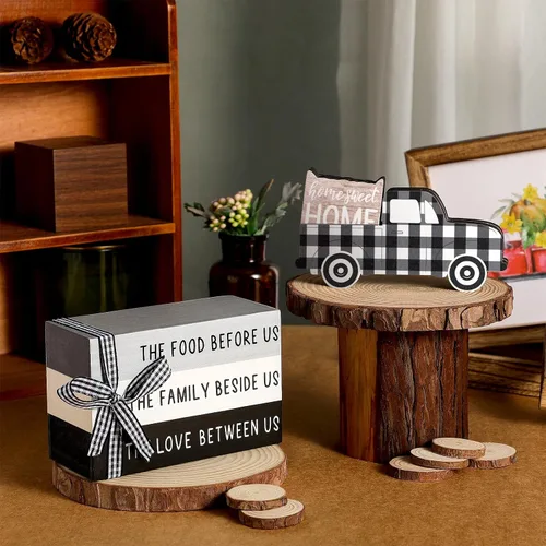 Vista 3 de Jetec 4 piezas de decoración de mesa de madera de granja, decoración rústica de bandeja escalonada para el hogar, centro de mesa blanco y negro