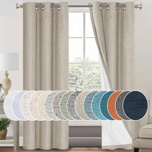 Vista 33 de Cortinas con textura de lino 100% opacas de 64 pulgadas de largo, juego de 2 paneles de cortinas de lino opacas con forro aislante térmico que Arena
