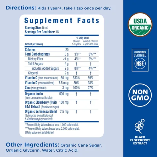 Vista 6 de Mommy's Bliss Jarabe de saúco orgánico y refuerzo de inmunidad con vitaminas, prebióticos y equinácea para niños y adultos de 1 año o más, 3 onzas