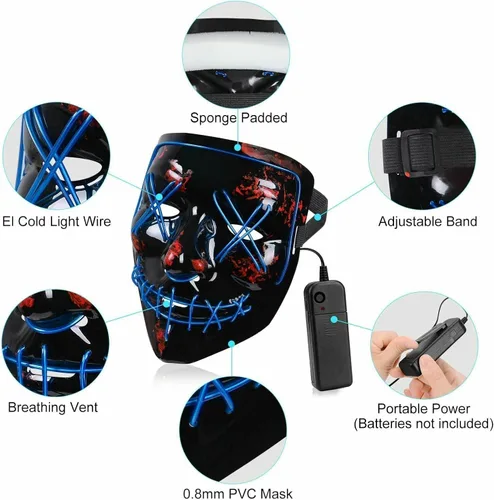 Vista 5 de Máscara LED de Purga de Halloween 2022, máscara con luz LED para hombres, máscara de disfraz brillante para mujeres, para adultos, niños, fiesta