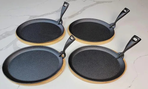 Vista 5 de HAWOK Fajita de hierro fundido con bandeja de bambú y asa Juego de 4 Negro-266-4