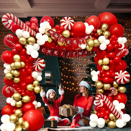 Vista 2 de DBKL Kit de arco de guirnalda de globos de Navidad, 153 piezas con globos de Navidad, rojo, dorado y blanco, globo de aluminio de bastón de caramelo