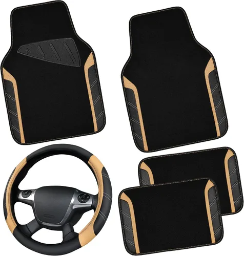 Vista 11 de CAR PASS Funda para volante de cuero y alfombrillas de coche impermeables, combo universal de microfibra para coche, diseño deportivo antideslizante