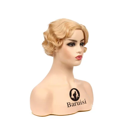 Vista 4 de Peluca rubia corta y rizada estilo 1920 Nuna para mujer, peluca de onda dedos sintética estilo pixie Blonde503