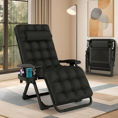 Vista 6 de Slendor Zero Gravity - Silla de gravedad cero con bloqueo mejorado y cojín extraíble, silla de campamento reclinable con soporte para tazas Negro