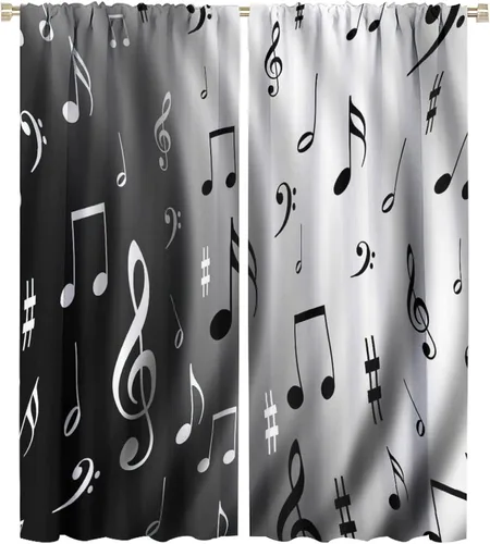 Vista 78 de Cortinas de notas musicales, blanco y negro, instrumento musical, canción, arte de canción, opacas, para ventana, dormitorio, sala de estar