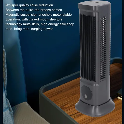 Vista 2 de Ventilador de torre de escritorio, ventilador silencioso sin aspas de 10 pulgadas con 3 niveles de velocidad, aire gran angular 3D, base ajustable