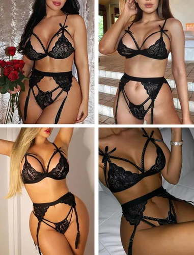 Vista 4 de Avidlove - Conjunto de lencería tipo babydoll para mujer, con tirantes de encaje y liguero