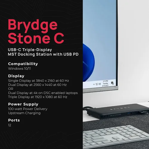 Vista 6 de Brydge Estación de acoplamiento Stone C, 12 puertos de expansión, compatible con portátiles Windows 10 y 11, base compatible con múltiples
