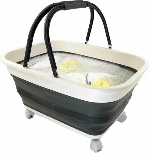 Vista 5 de SAMMART Cesta de plástico plegable de 26 litros (6.8 galones) con asa y ruedas, contenedor de almacenamiento plegable con asa y ruedas, bañera