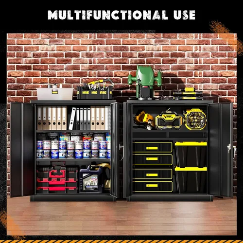 Vista 3 de Greenvelly Armario de almacenamiento de metal con puertas y estantes, gabinete de almacenamiento negro con cerradura de 36 pulgadas para oficina