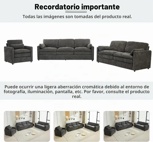 Vista 4 de P PURLOVE Juego de sofá tapizado de 3 piezas, cojín doble para sala de estar, oficina en casa (gris)