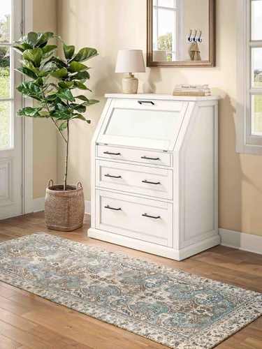 Vista 2 de Modern Wood Drop-Lid Secretary Desk, Fully Assembled, White