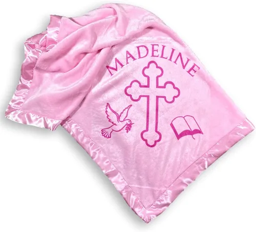 Vista 3 de Manta de regalo para bebés niños o niñas para bautismo. Diseño personalizado religioso cruz y biblia, Rosado